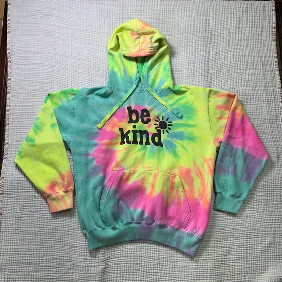 Tops - Unisex Be Kind Bright Rainbow Tie Dye Hoodie Graphic Sweatshirt Size Large